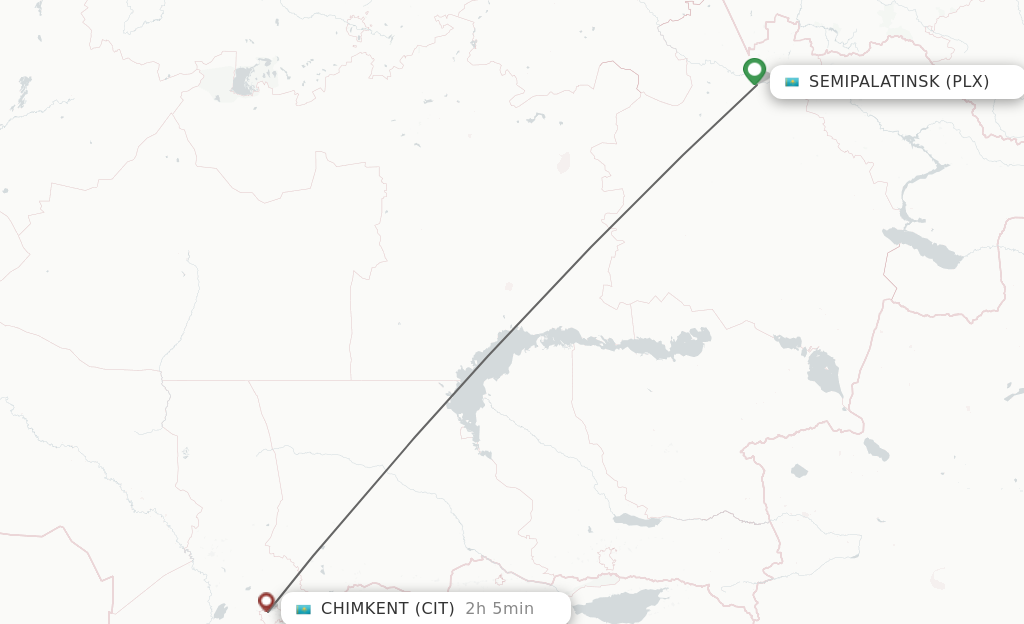 Flights from Semipalatinsk to Shymkent route map