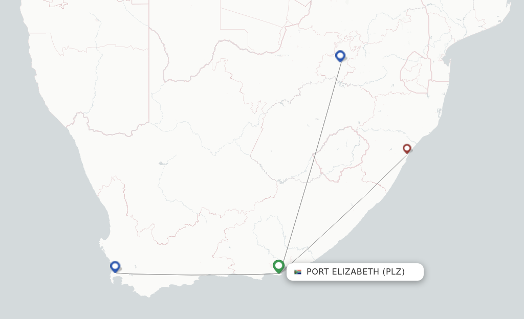 Route map with flights from Port Elizabeth with Airlink (South Africa)