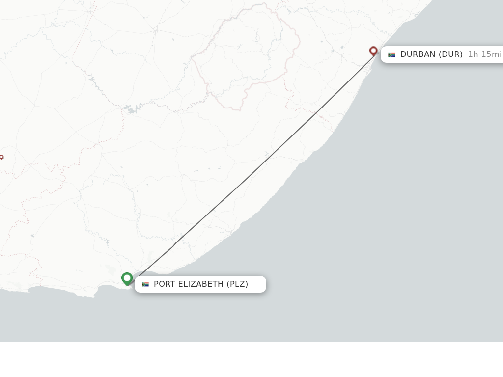 Flights from Port Elizabeth to Durban route map