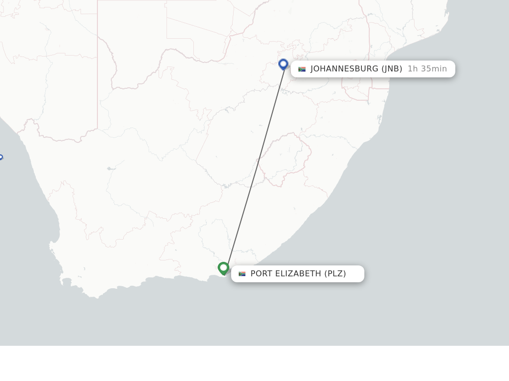 Flights from Port Elizabeth to Johannesburg route map
