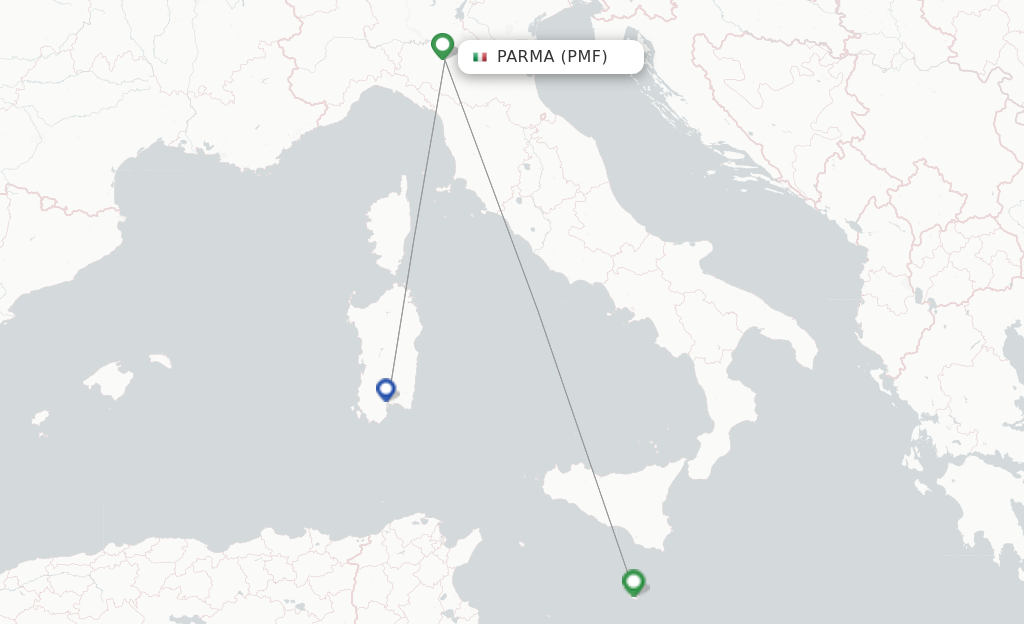 Route map with flights from Parma with Ryanair