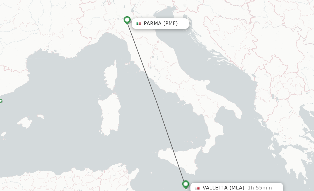 Flights from Parma to Malta route map