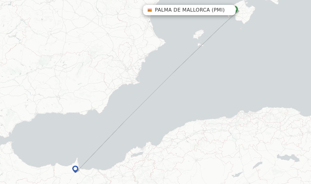Route map with flights from Palma de Mallorca with Air Arabia Maroc