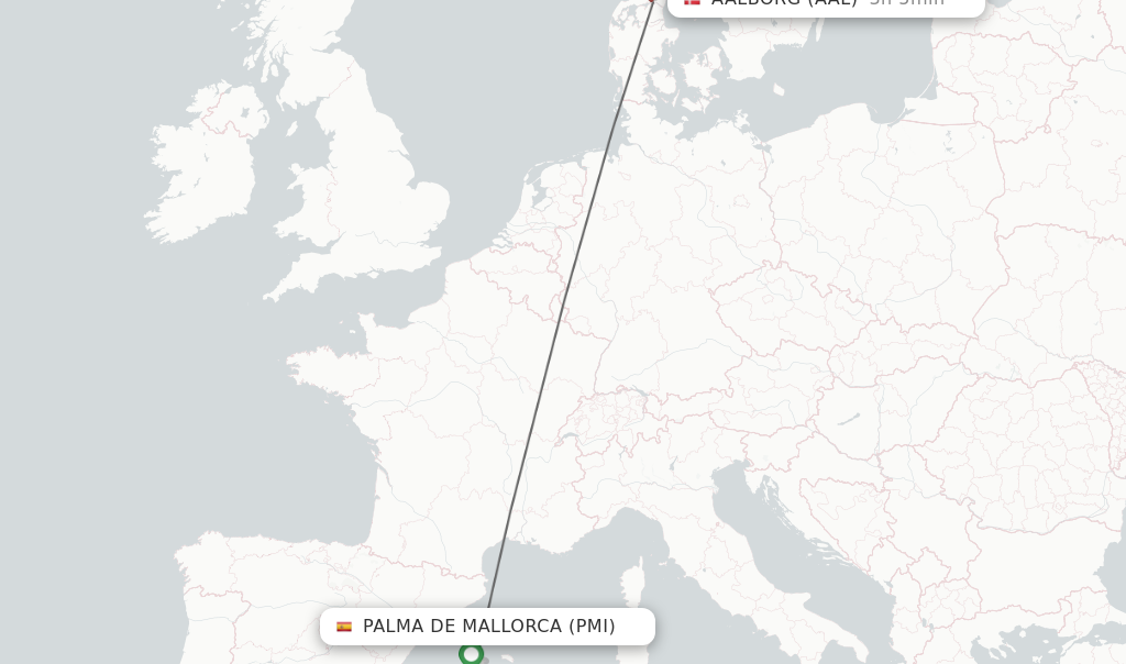 Flights from Palma de Mallorca to Aalborg route map