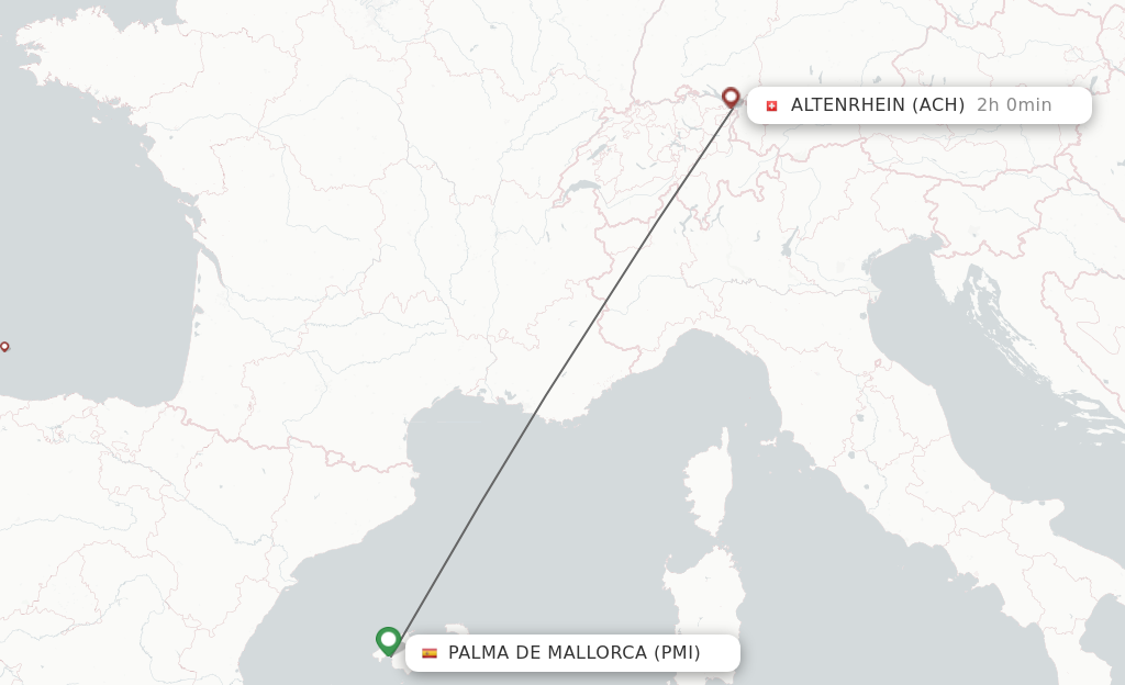 Flights from Palma de Mallorca to Altenrhein route map