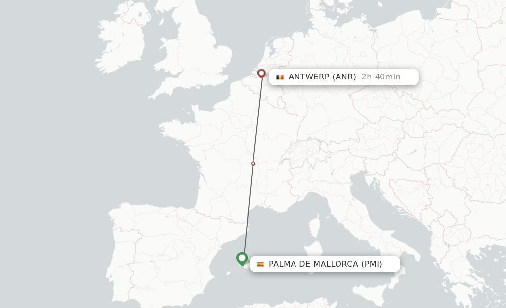 Flights from Palma de Mallorca to Antwerp route map