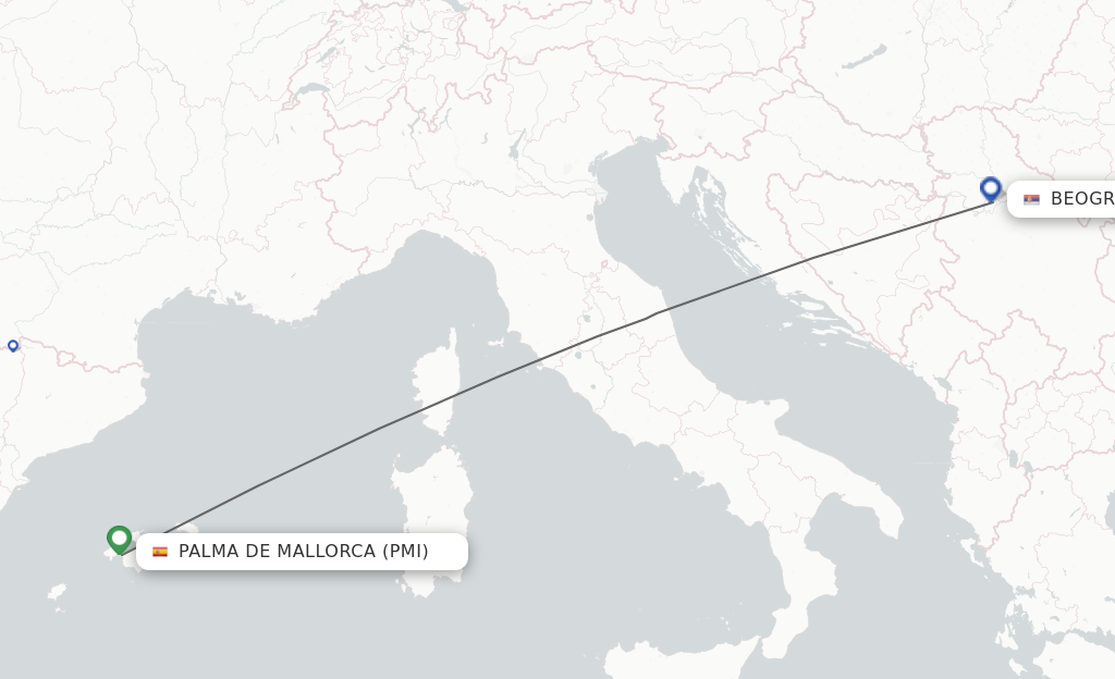Flights from Palma de Mallorca to Belgrade route map