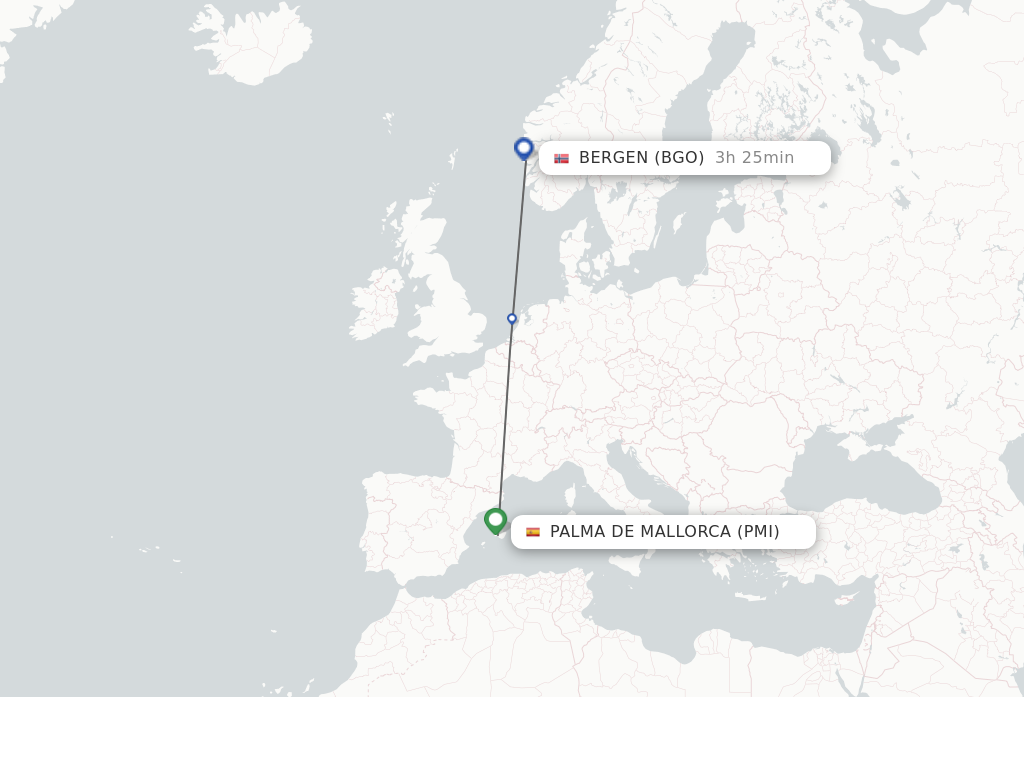 Flights from Palma De Mallorca to Bergen route map