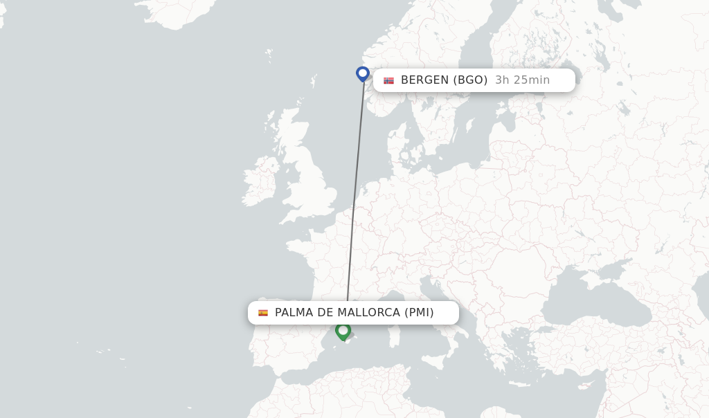 Flights from Palma de Mallorca to Bergen route map