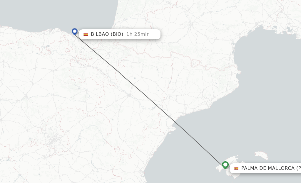 Flights from Palma de Mallorca to Bilbao route map