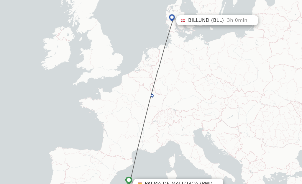 Flights from Palma De Mallorca to Billund route map