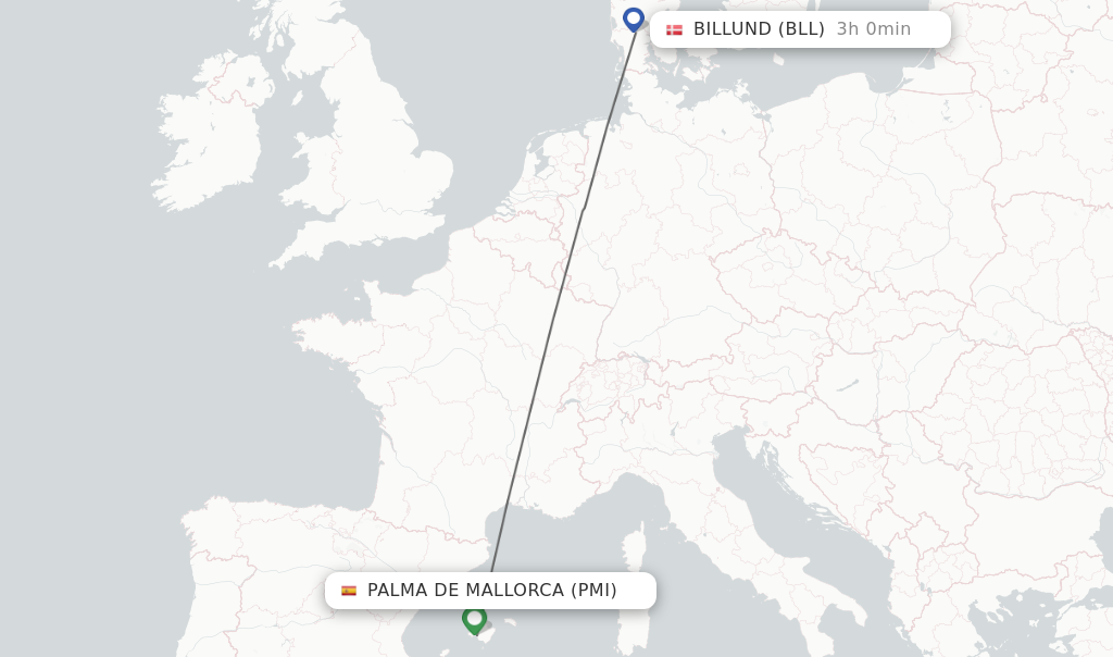 Flights from Palma de Mallorca to Billund route map