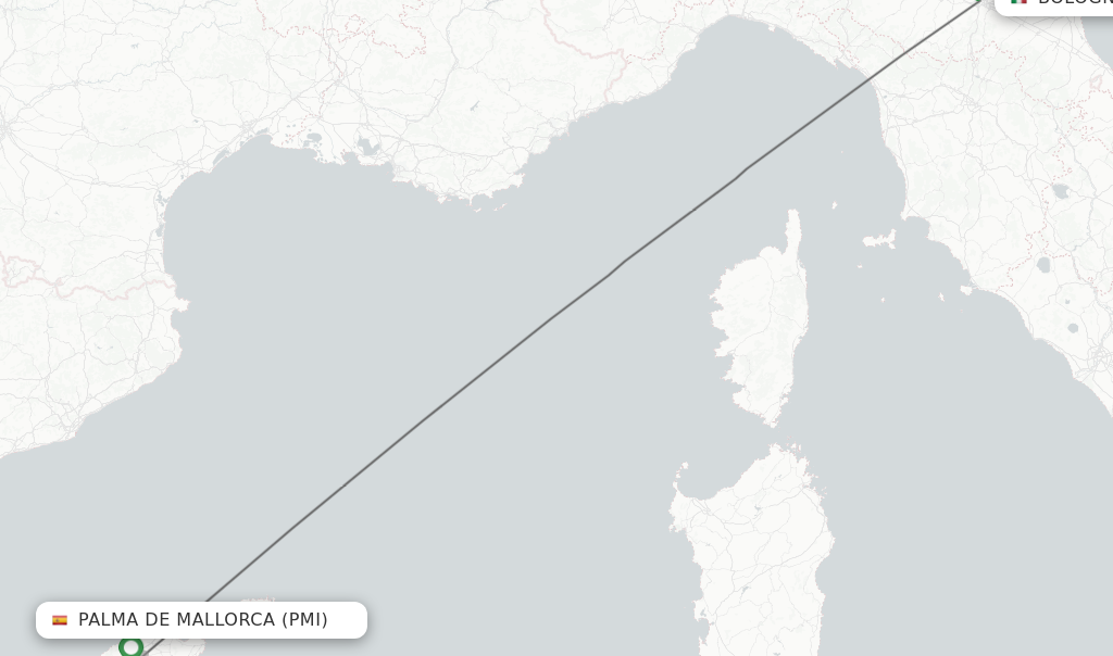 Flights from Palma de Mallorca to Bologna route map