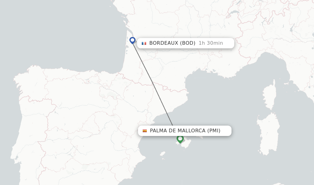 Flights from Palma de Mallorca to Bordeaux route map