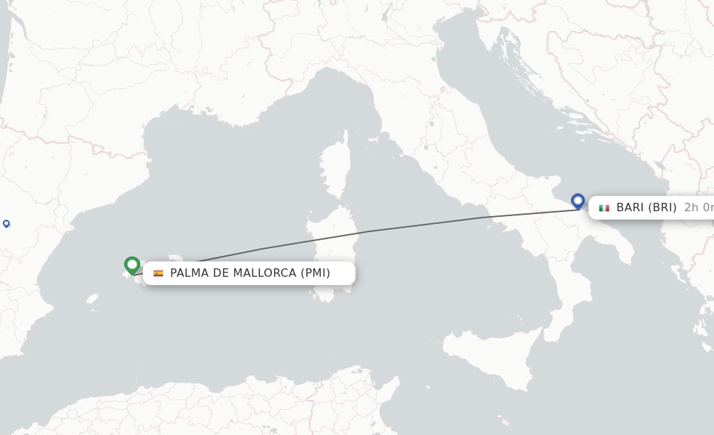 Flights from Palma de Mallorca to Bari route map