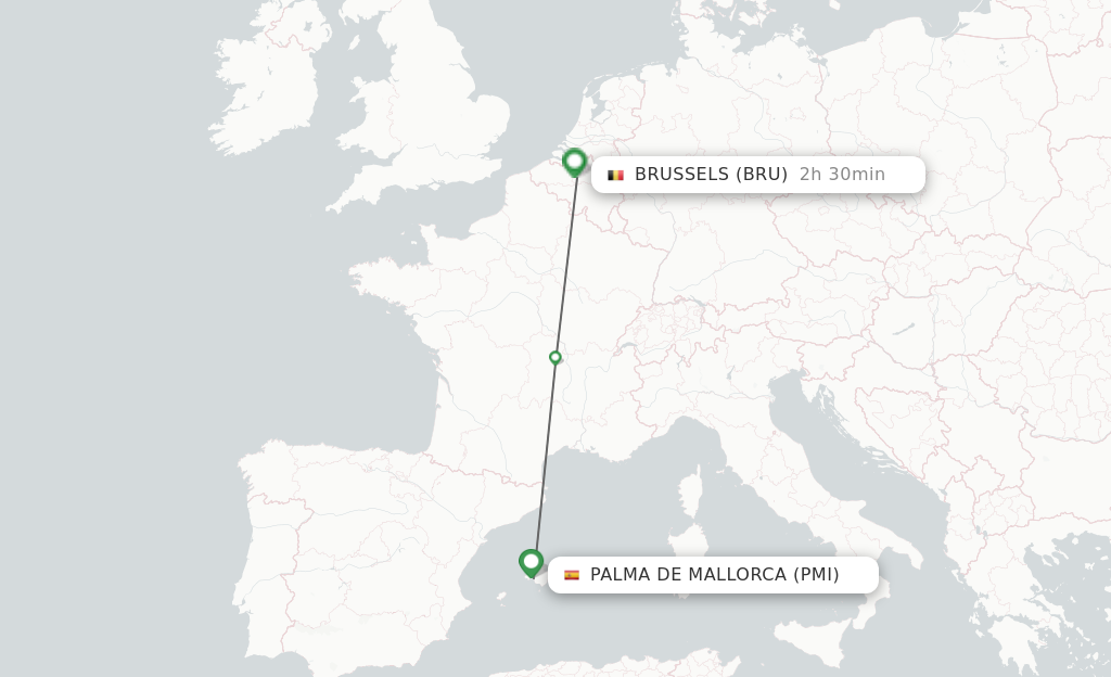 Flights from Palma de Mallorca to Brussels route map