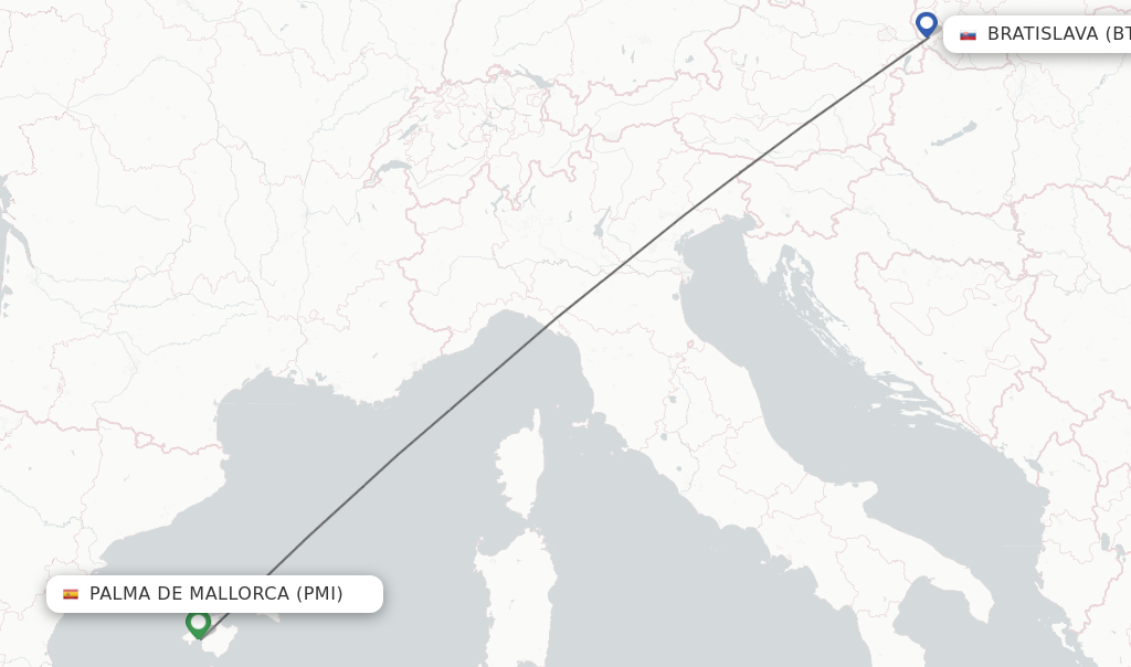 Flights from Palma de Mallorca to Bratislava route map