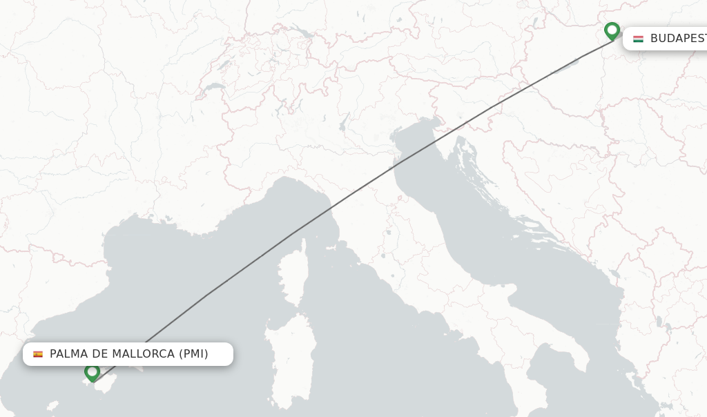 Flights from Palma de Mallorca to Budapest route map
