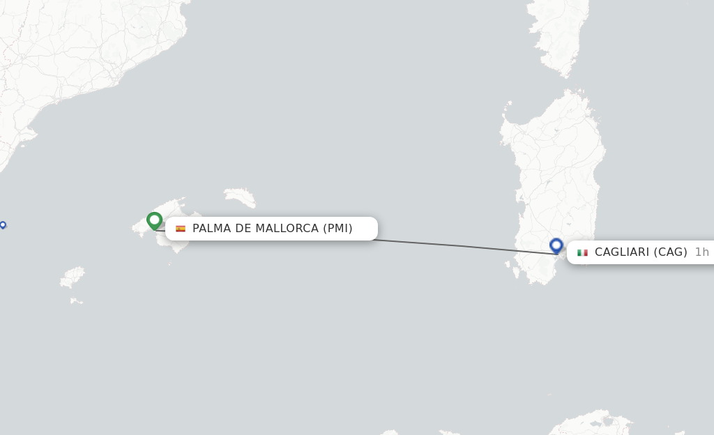 Flights from Palma de Mallorca to Cagliari route map