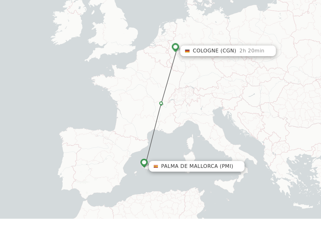 Flights from Palma De Mallorca to Cologne route map