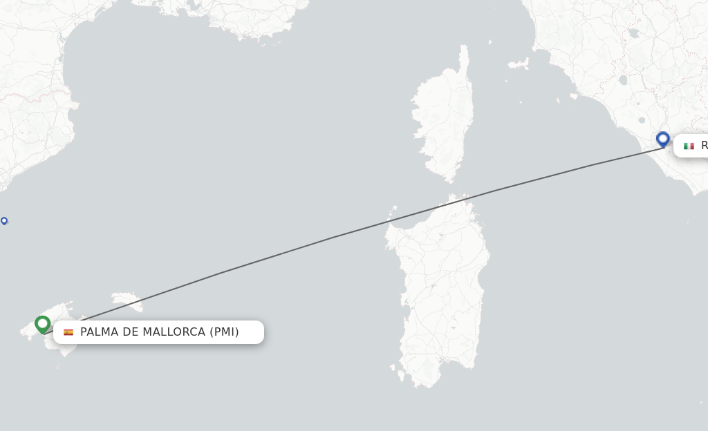 Flights from Palma de Mallorca to Rome route map
