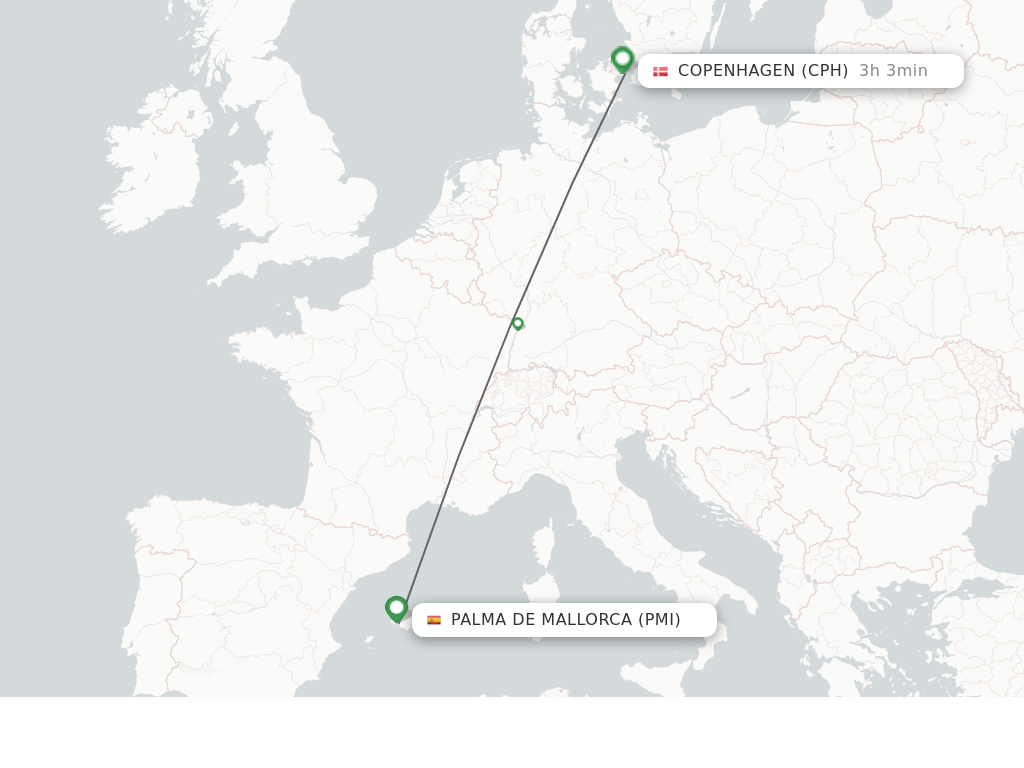 Flights from Palma De Mallorca to Copenhagen route map