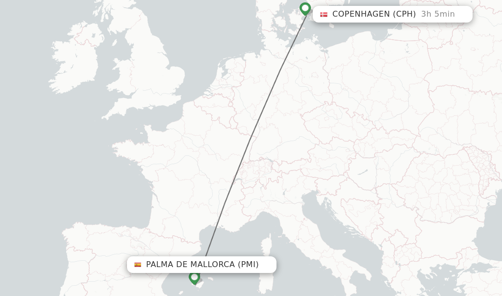 Flights from Palma de Mallorca to Copenhagen route map