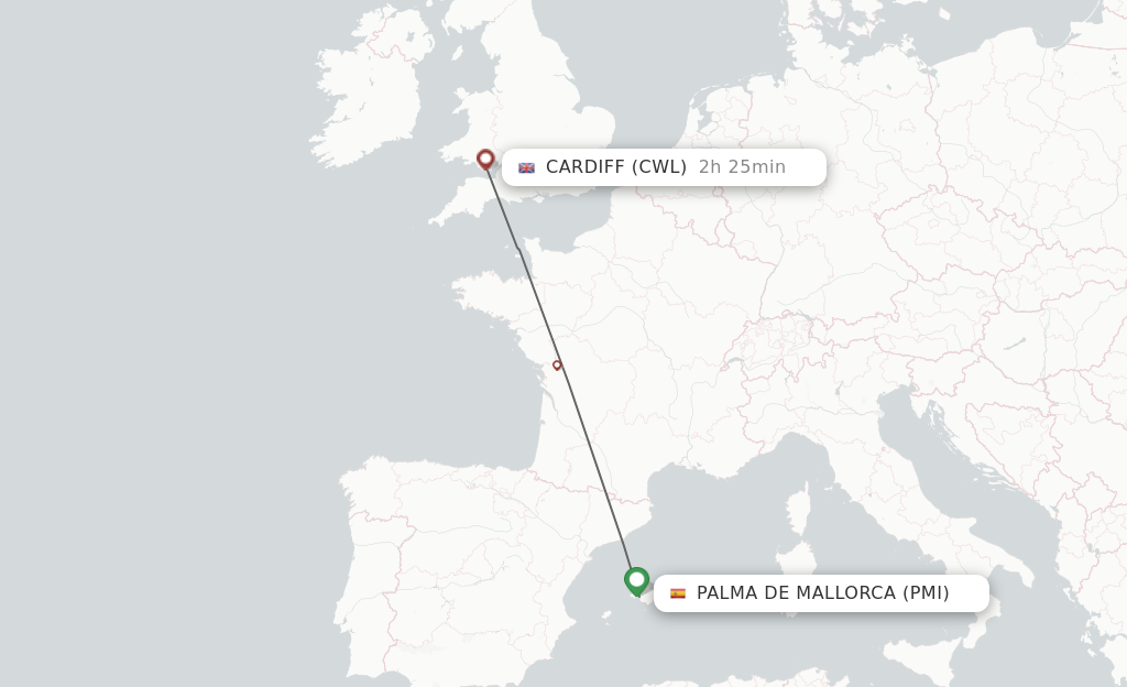 Flights from Palma de Mallorca to Cardiff route map
