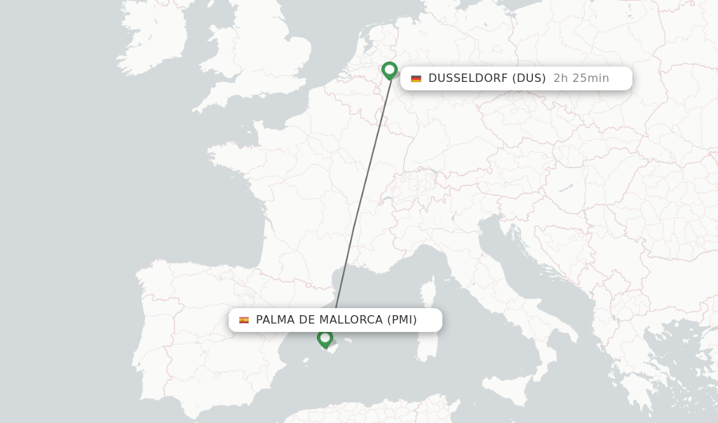 Flights from Palma de Mallorca to Dusseldorf route map