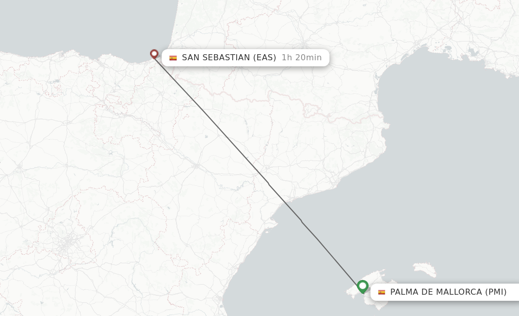 Flights from Palma de Mallorca to San Sebastian route map