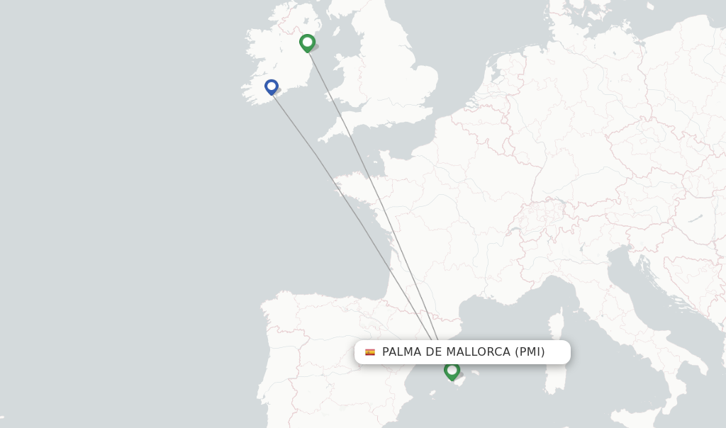 Route map with flights from Palma de Mallorca with Aer Lingus
