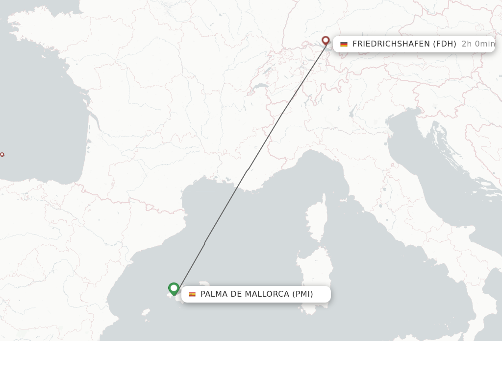 Flights from Palma de Mallorca to Friedrichshafen route map