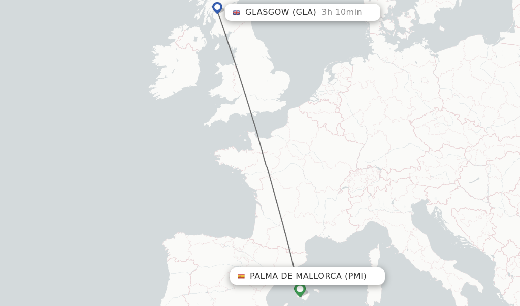 Flights from Palma de Mallorca to Glasgow route map
