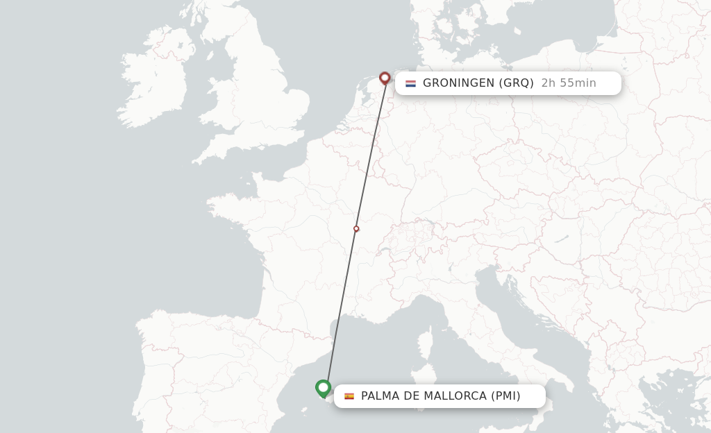 Flights from Palma de Mallorca to Groningen route map