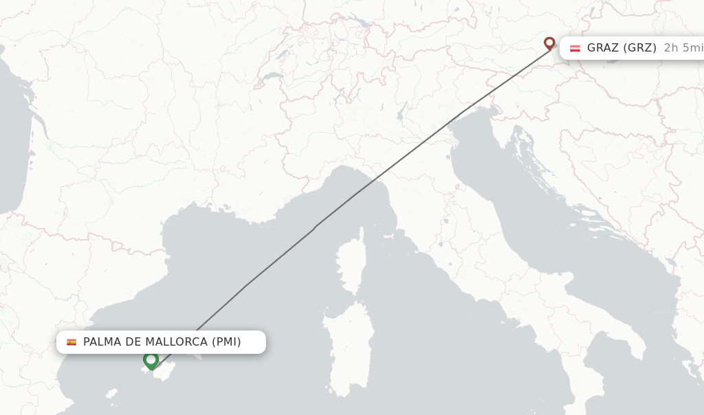 Flights from Palma de Mallorca to Graz route map