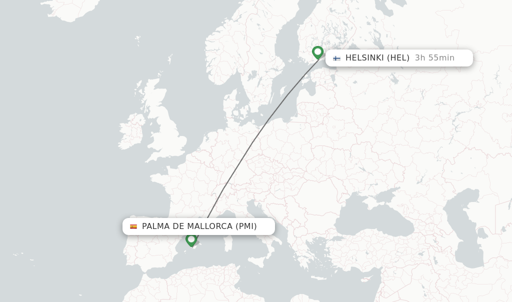 Flights from Palma de Mallorca to Helsinki route map