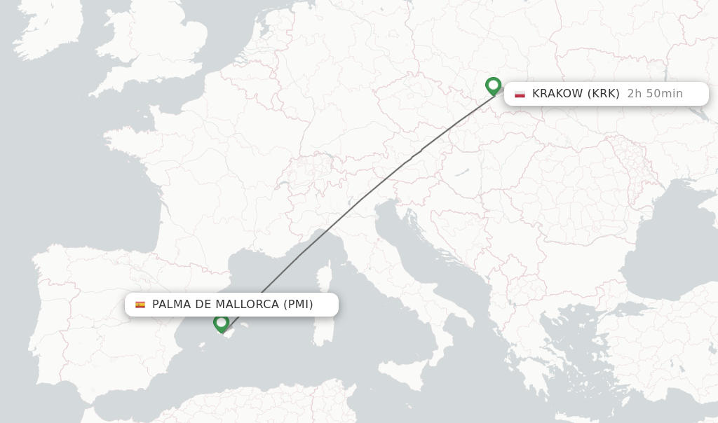 Flights from Palma de Mallorca to Krakow route map