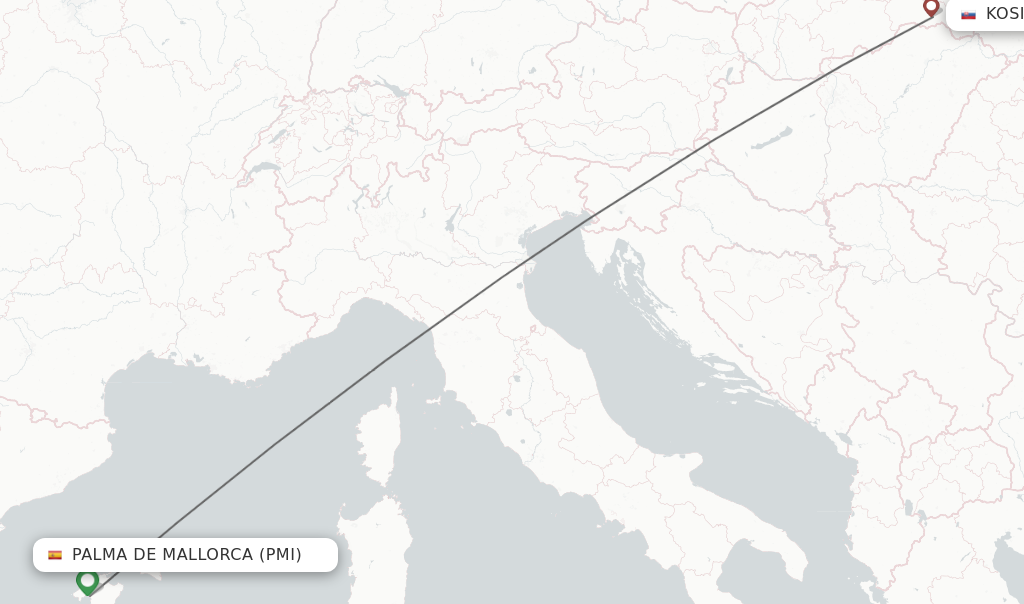 Flights from Palma de Mallorca to Kosice route map