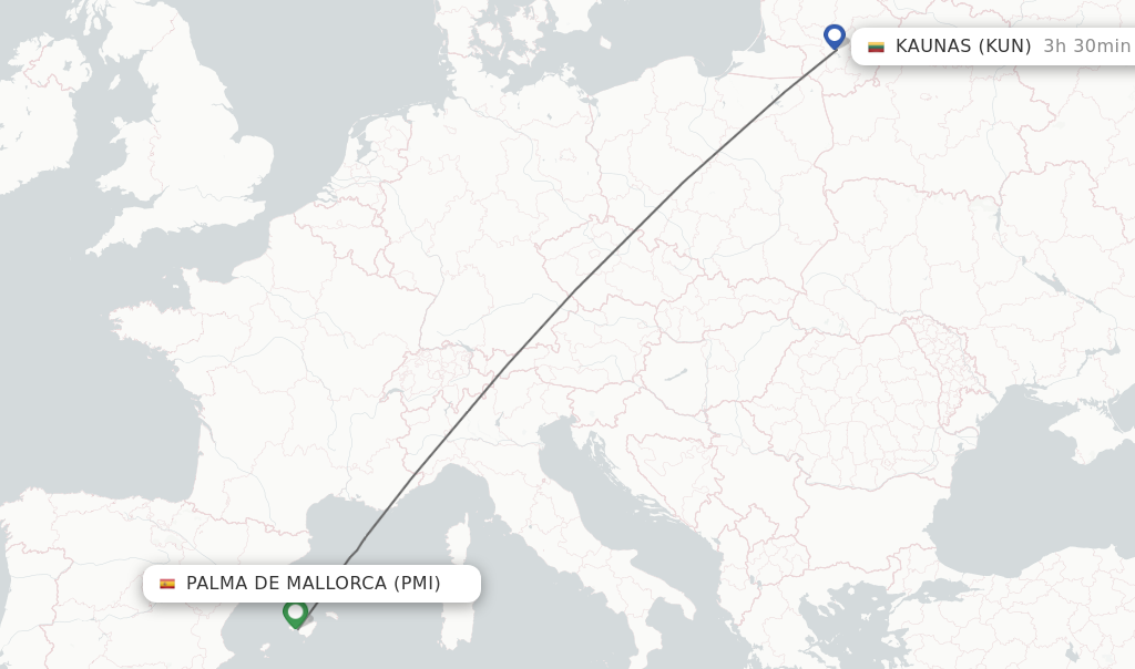 Flights from Palma de Mallorca to Kaunas route map