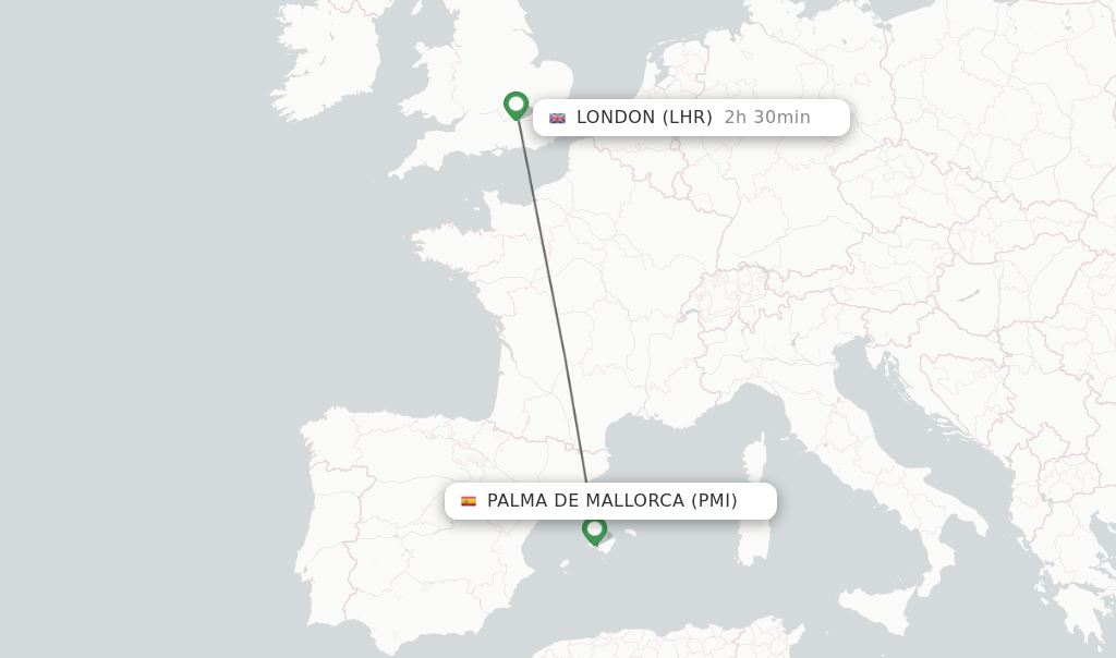 Flights from Palma de Mallorca to London route map