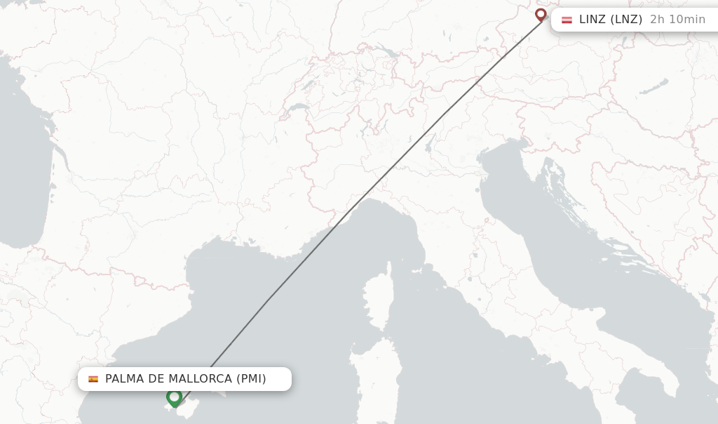 Flights from Palma de Mallorca to Linz route map