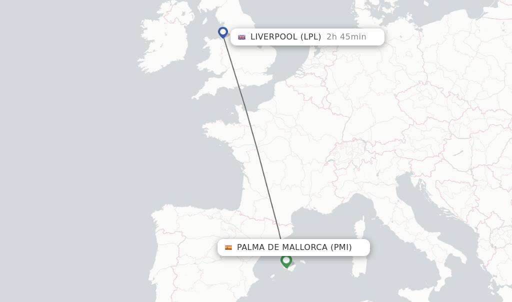 Flights from Palma de Mallorca to Liverpool route map