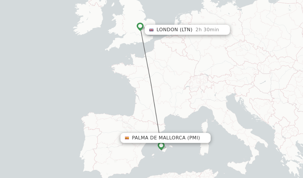 Flights from Palma de Mallorca to London route map