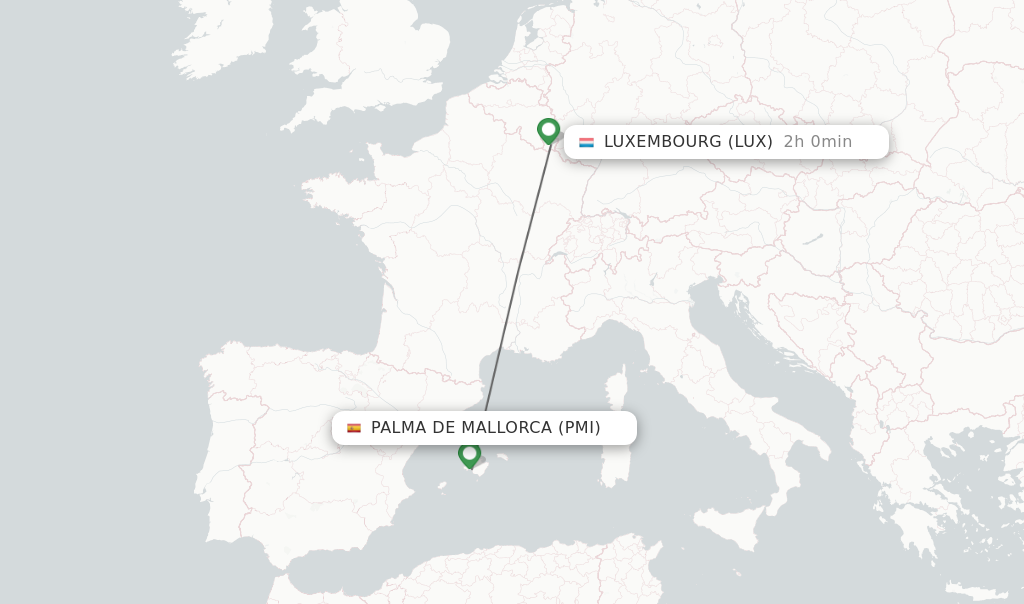 Flights from Palma de Mallorca to Luxembourg route map