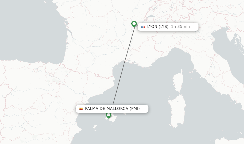 Flights from Palma de Mallorca to Lyon route map