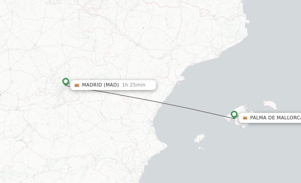 Flights from Palma De Mallorca to Madrid route map