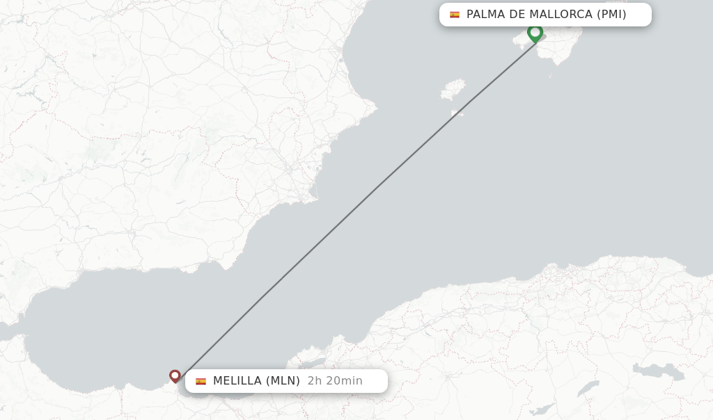 Flights from Palma de Mallorca to Melilla route map