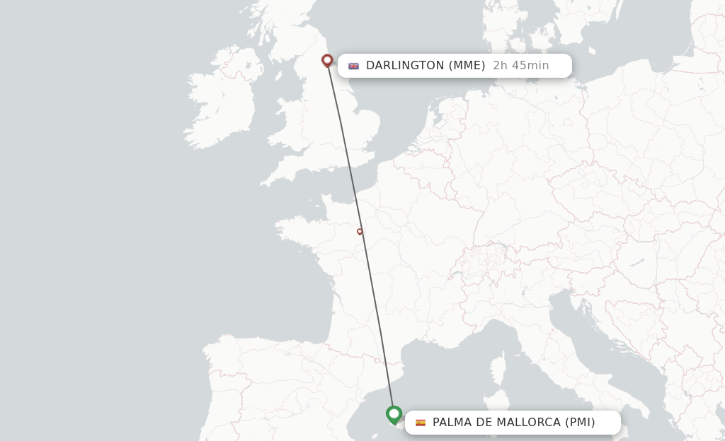 Flights from Palma de Mallorca to Durham Tees Valley route map