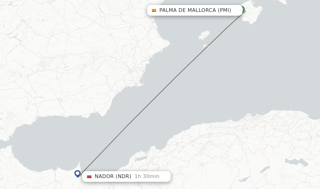 Flights from Palma de Mallorca to Nador route map