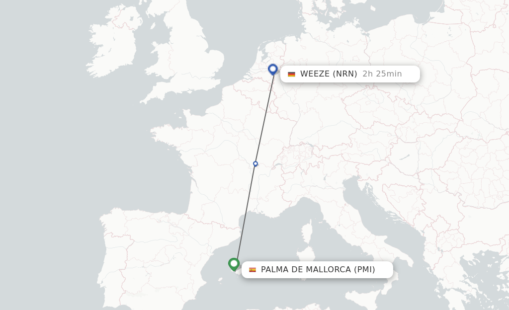 Flights from Palma de Mallorca to Dusseldorf route map